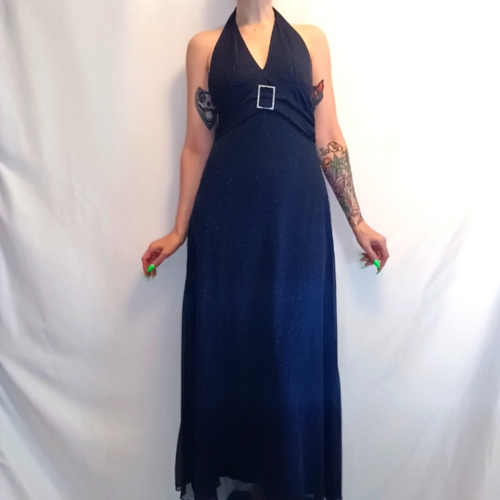 Vintage Jessica Navy Glitter Halter Gown.